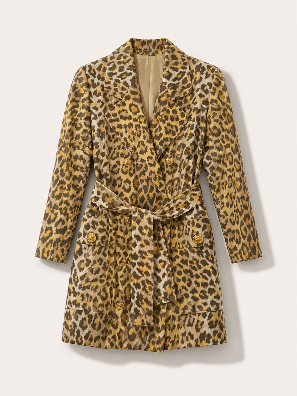 Vintage Designer Leopard Print Double-Breasted Trench Coat Dress - Gold Hardware